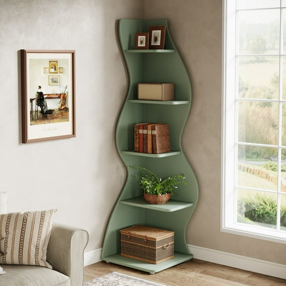 Tribesigns 5-Tier Wavy Corner Bookshelf – Modern Curved Display Shelf for Plants, Books & Décor (Green)