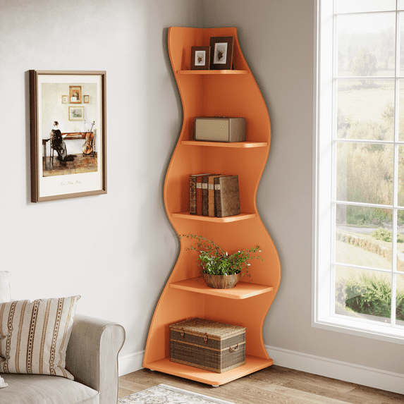Tribesigns 5-Tier Wavy Corner Bookshelf – Modern Curved Display Shelf for Plants, Books & Décor (Orange)