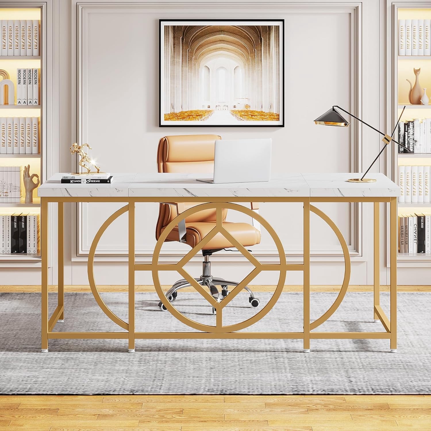 Finmind Modern 63" White and Gold Desk with Faux Marble Top - Walmart.com