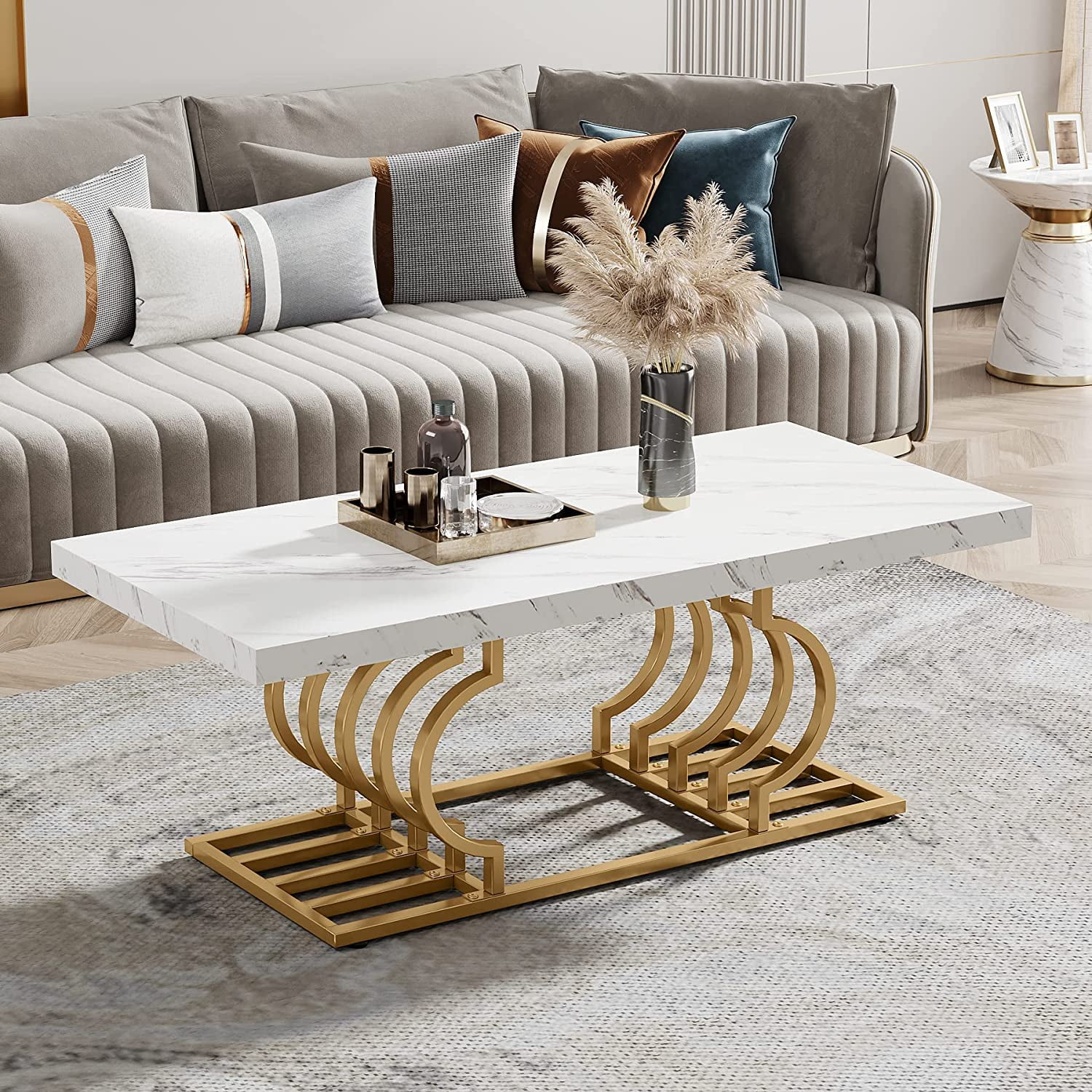 Tribesigns Modern Coffee Table, 47 Inch Faux Marble Cocktail Table with Geometric Frame for Living Room