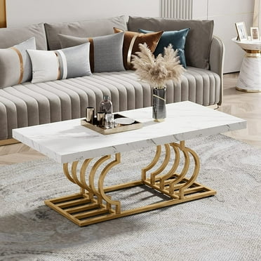 Tribesigns Modern Coffee Table, 47 Inch Faux Marble Cocktail Table with Geometric Frame for Living Room