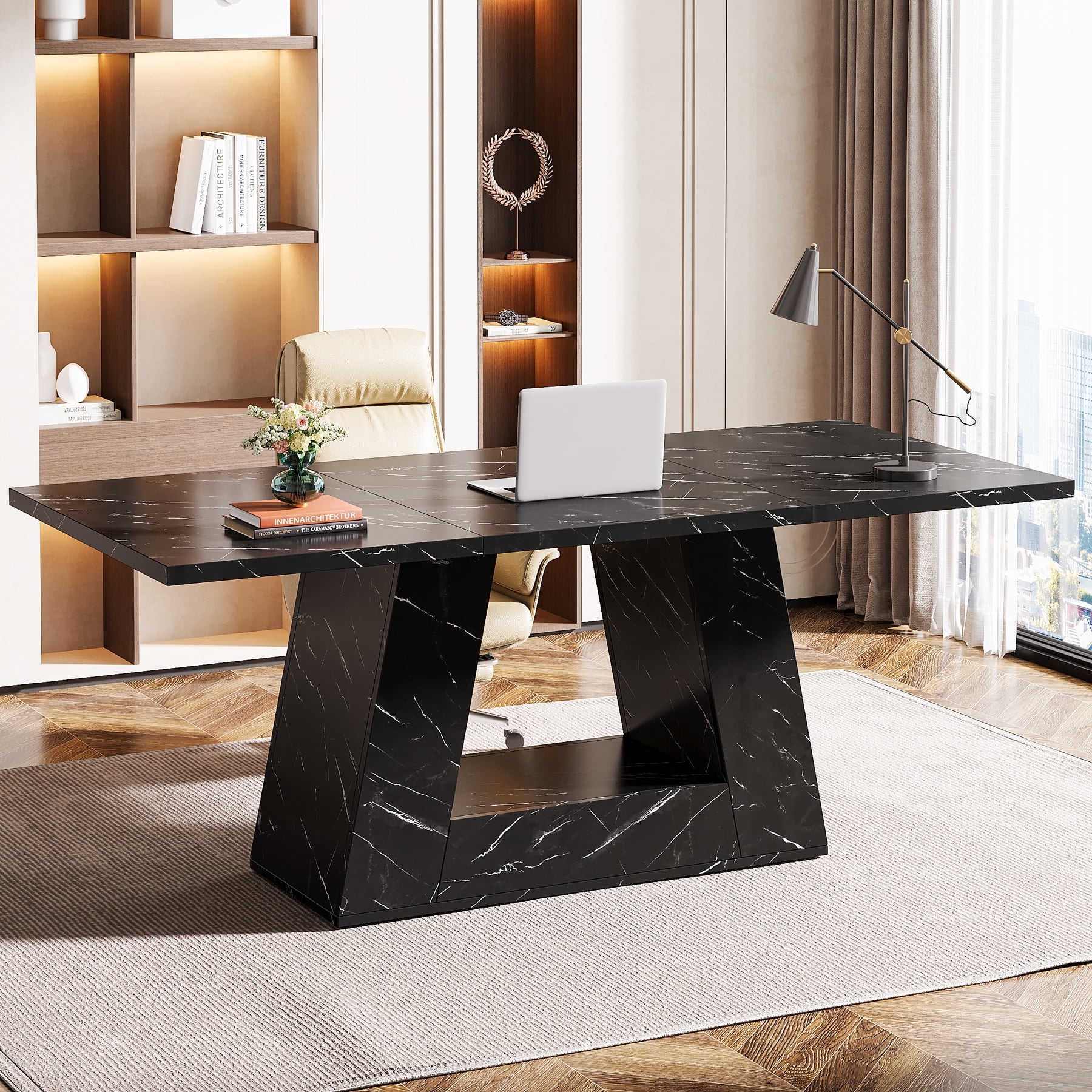Tribesigns Modern Computer Desk, 63 inch Wooden Faux Marble Study Writing Table with Sturdy Base for Home Office, Black