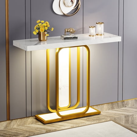 Finmind Modern Console Table with LED Lights, 41.3 inch Sofa Entryway Tables with Faux Marble Veneer for Living Room, Hallway and Foyer, White & Gold