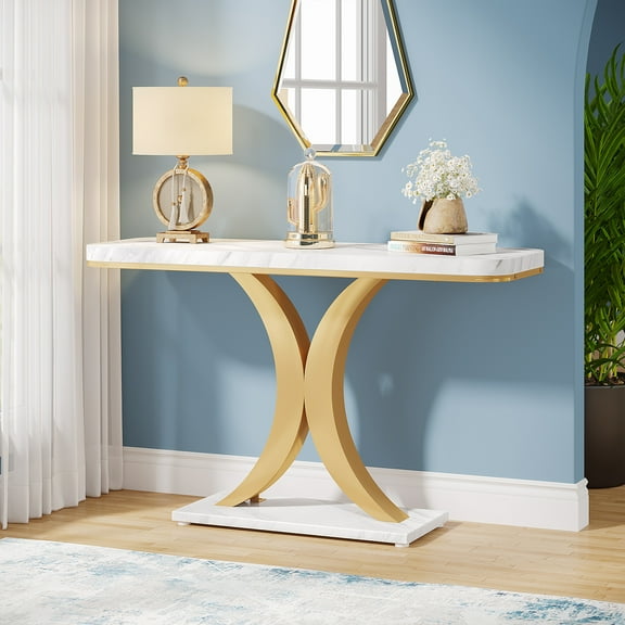 Tribesigns Modern Narrow Entryway Console Table, 40 inch Small Entryway Table with Geometric Metal Base for Living Room, Hallway and Foyer,White & Gold