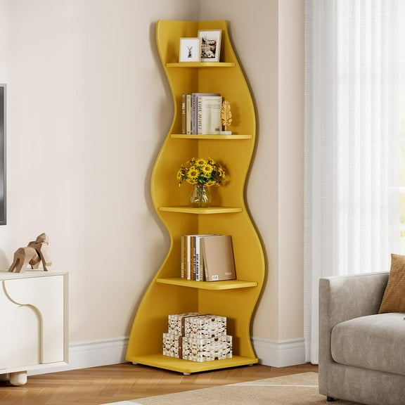 Tribesigns Modern Corner Shelf, 5-Tier Corner Bookshelf WavyBookcase for Small Space, Living Room (Yellow)