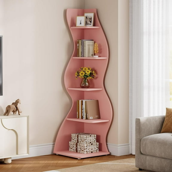 Tribesigns Modern Corner Shelf, 5-Tier Corner Bookshelf WavyBookcase for Small Space, Living Room (Pink)