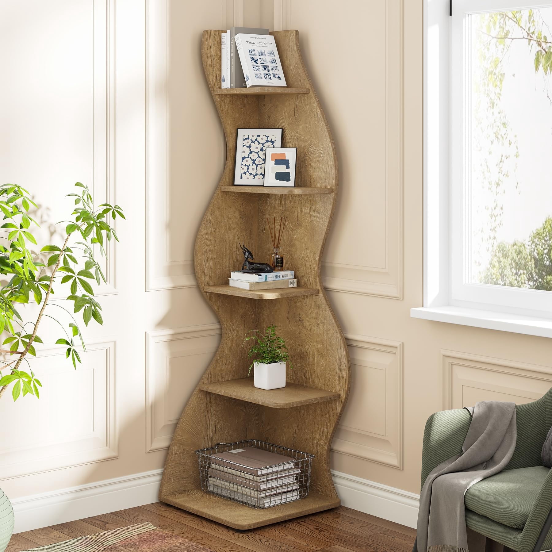 Tribesigns Modern Corner Shelf, 5-Tier Wall Corner Bookshelf, Small Bookcase Storage Rack for Living Room, Home Office (Light Brown)