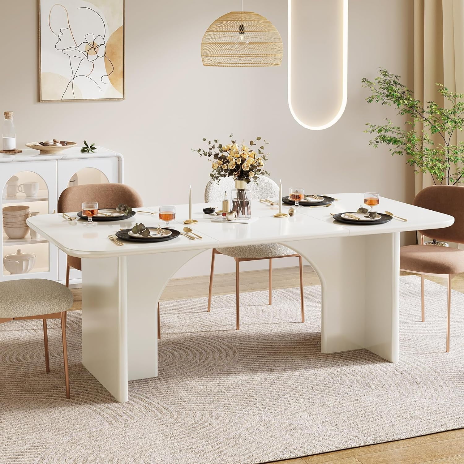 White MDF Contemporary Rectangular Dining Table with Arched Legs