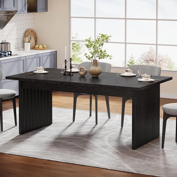 Tribesigns Modern Dining Table for 6, 63" Wood Rectangular Kitchen Table, Large Kitchen Dinner Table with Striped Pedestal Wood Base for Dining Room, Kitchen Furniture, Black