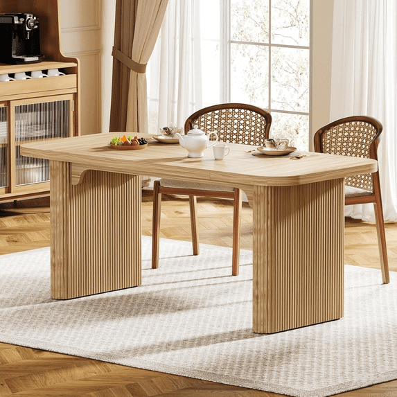 Tribesigns Modern Dining Table for 6 People, 63-Inch Kitchen Table with Double Robust Pedestal for Dining Room, Natural Wood