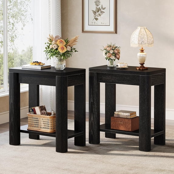 Tribesigns Modern End Table, Small Wooden Side Table with Storage Shelf for Living Room, Bedroom (Black, 2pcs)