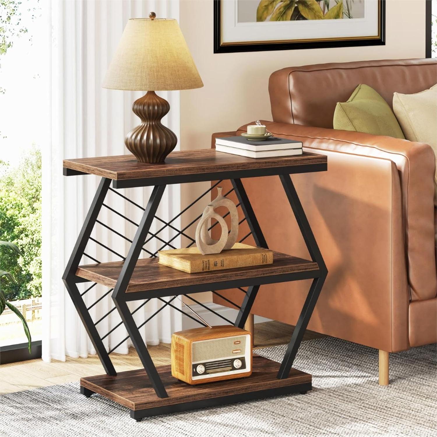 Rustic Brown Wood and Black Metal 3-Tier End Table