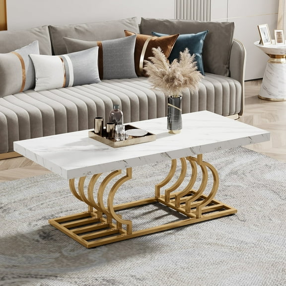 Tribesigns Modern Coffee Table with Faux Marble Desktop, 47 inch Rectangular Center Table with Geometric Metal Frame for Living Room, White & Gold