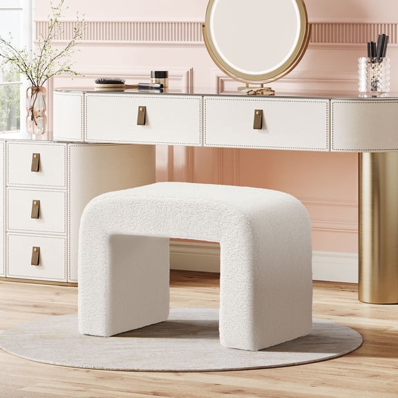 Fnova Modern Ottoman Stool, Upholstered Foot Rest for Couch, Arched Shoe Bench for Living Room, Fully Assembled, White