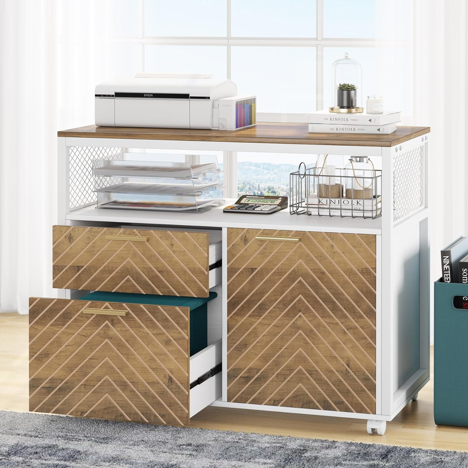 Tribesigns Modern File Cabinet with Drawers and Storage Shelves, Cabinet with Door, Rolling Caster (Brown & White)