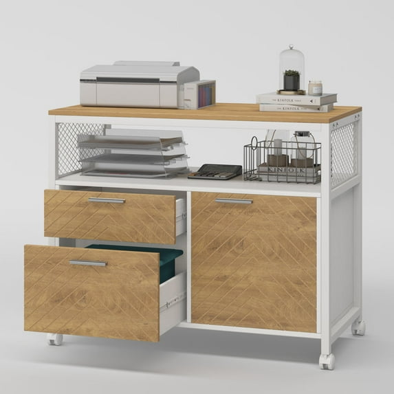 Tribesigns Modern File Cabinet with Drawers and Storage Shelves, Cabinet with Door, Rolling Caster (Light Brown & White)