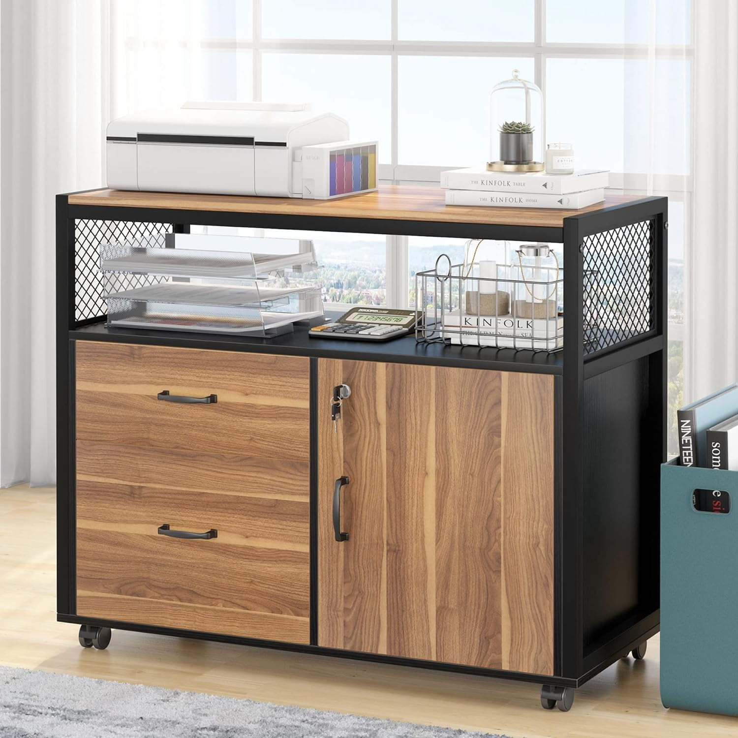 Tribesigns Modern File Cabinet with Drawers and Storage Shelves, Lockable Cabinet & Rolling Caster (Brown & Black)
