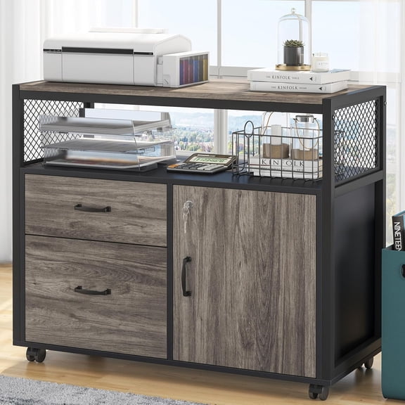 Tribesigns Modern File Cabinet with Drawers and Storage Shelves, Lockable Cabinet & Rolling Caster (Gray & Black)