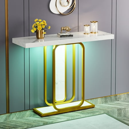Tribesigns Modern Gold White Console Table with LED Lights, Entryway Hallway Table with Faux Marble Veneer for Living Room, Entrance