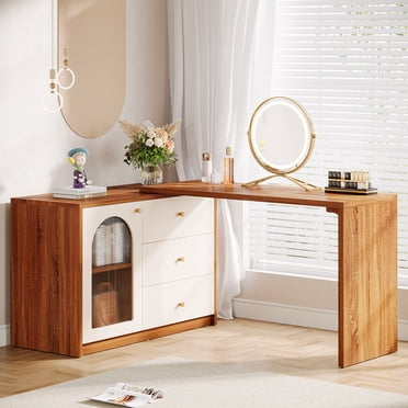 Tribesigns Modern Adult Vanity Desk with 3 Drawers and Cabinet, Retractable Makeup Corner Dressing Table, Walnut and White