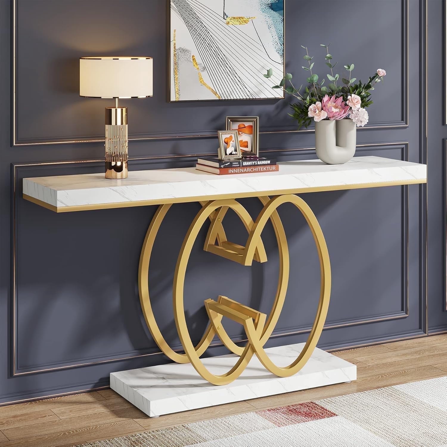 Tribesigns Modern Faux Marble Console Tables, 55.12" Narrow sofa Entryway Tables with Metal Base for Living Room, Hallway and Foyer,White & Gold