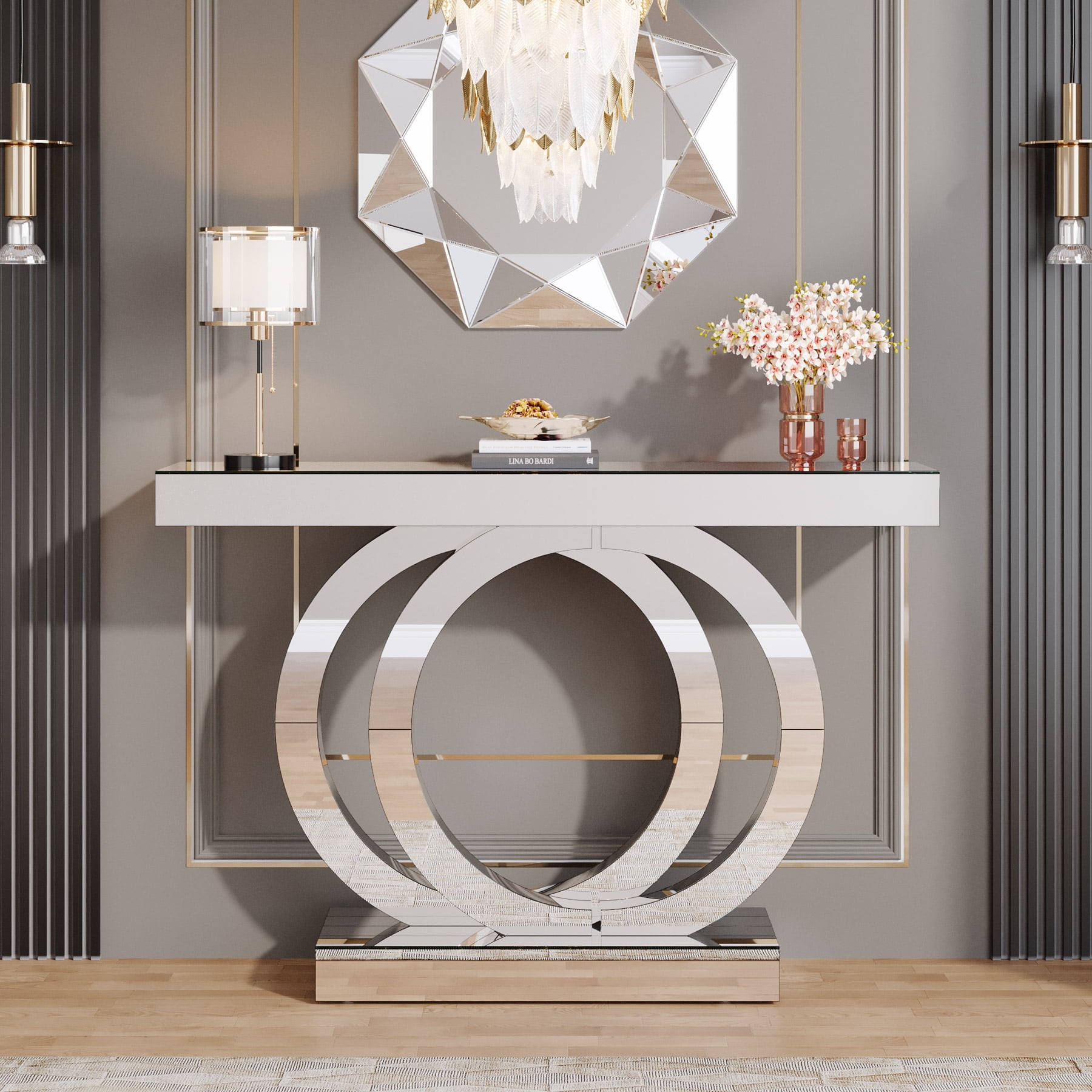 Silver Mirrored Glass Console Table with Crystal Inlays, 43-Inch