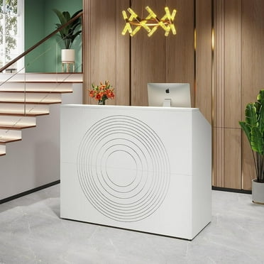Tribesigns Modern Reception Desk, Front Counter Desk with Open Shelves, for Lobby, Beauty Salon, White