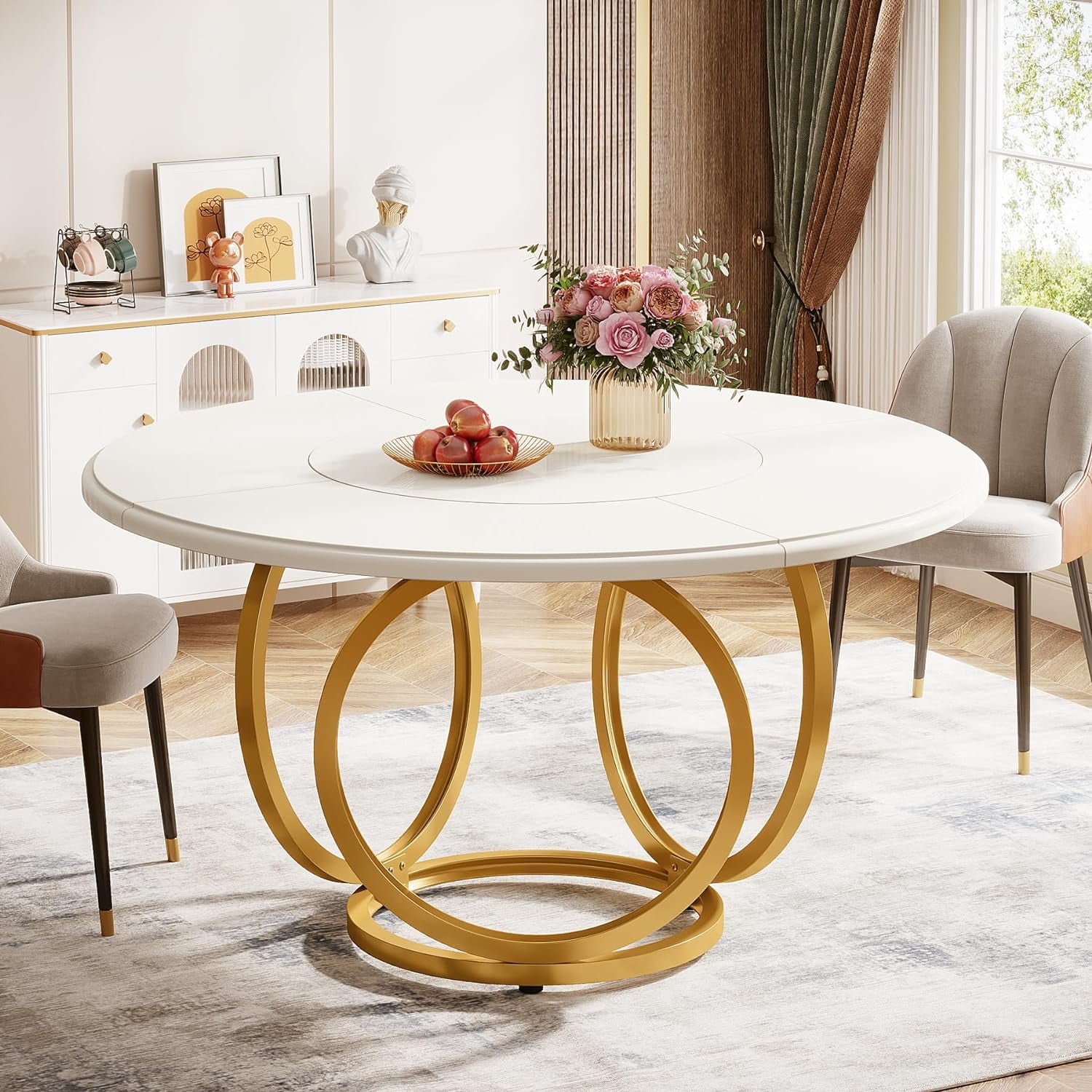 47-Inch Round White MDF Dining Table with Gold Metal Base