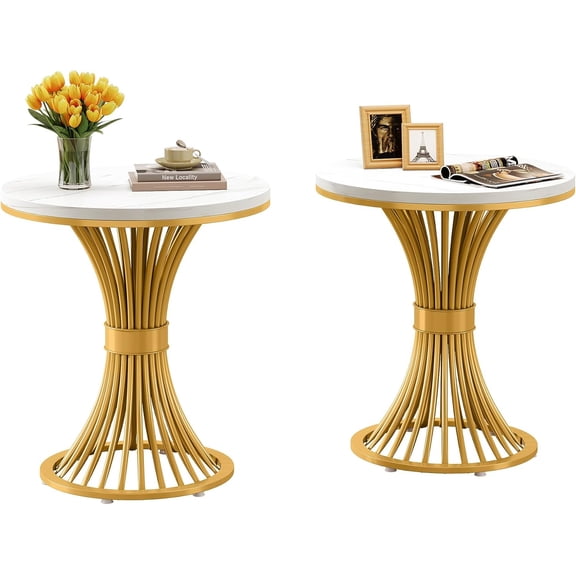 Tribesigns Modern Round End Table Set of 2, Wooden Faux Marble Side Table with Gold Metal Base, Small White Gold Accent Table Bedside for Bedroom, Living Room(White & Gold)