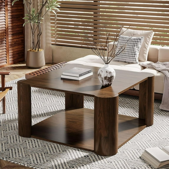 Tribesigns Modern Square Coffee Table, 33.85-Inch Coffee Table with 2-Tier Shelves, Accent Center Table for Living Room, Lounge, Dark Walnut