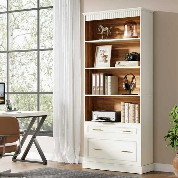 Tribesigns Modern White Filing Cabinet with 5-Tier Bookshelf for Home Office
