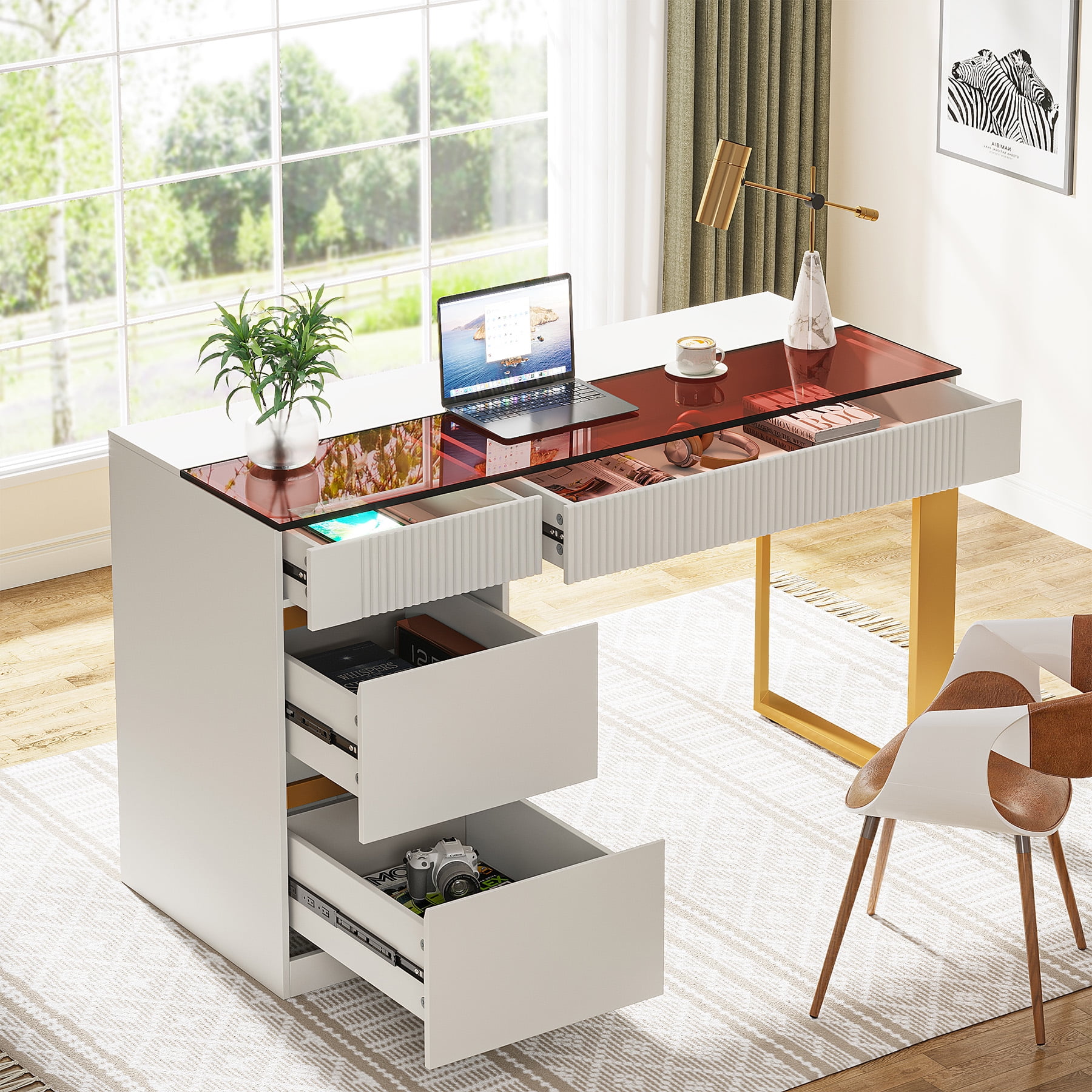Tribesigns Modern Writing Desk Computer Desk with 4 Drawers, Makeup Vanity Desk with Visual Glass Top for Home Office