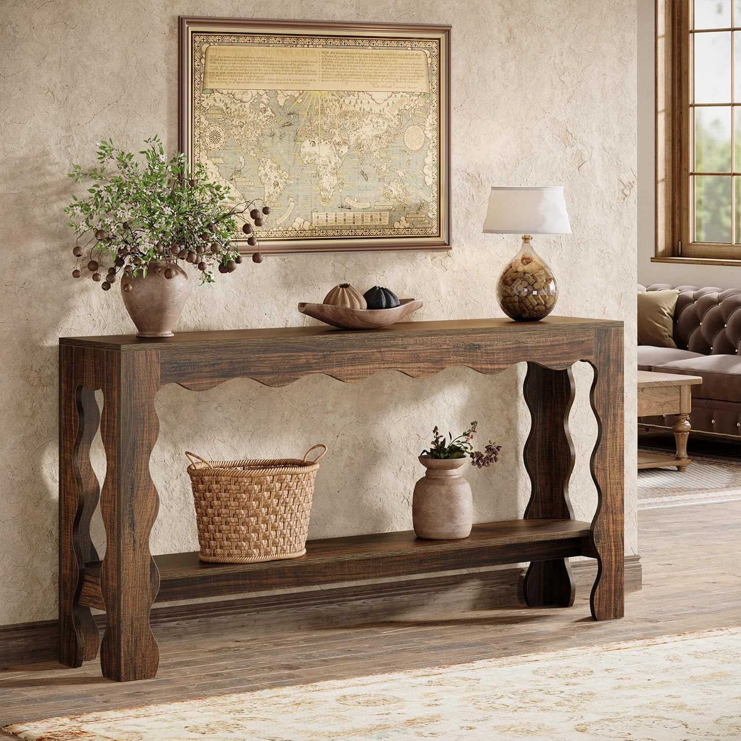 Tribesigns Narrow 63" Long Sofa Table, Rustic Entryway Table with Scalloped Edge, Behind Couch Console Tables for Entryway