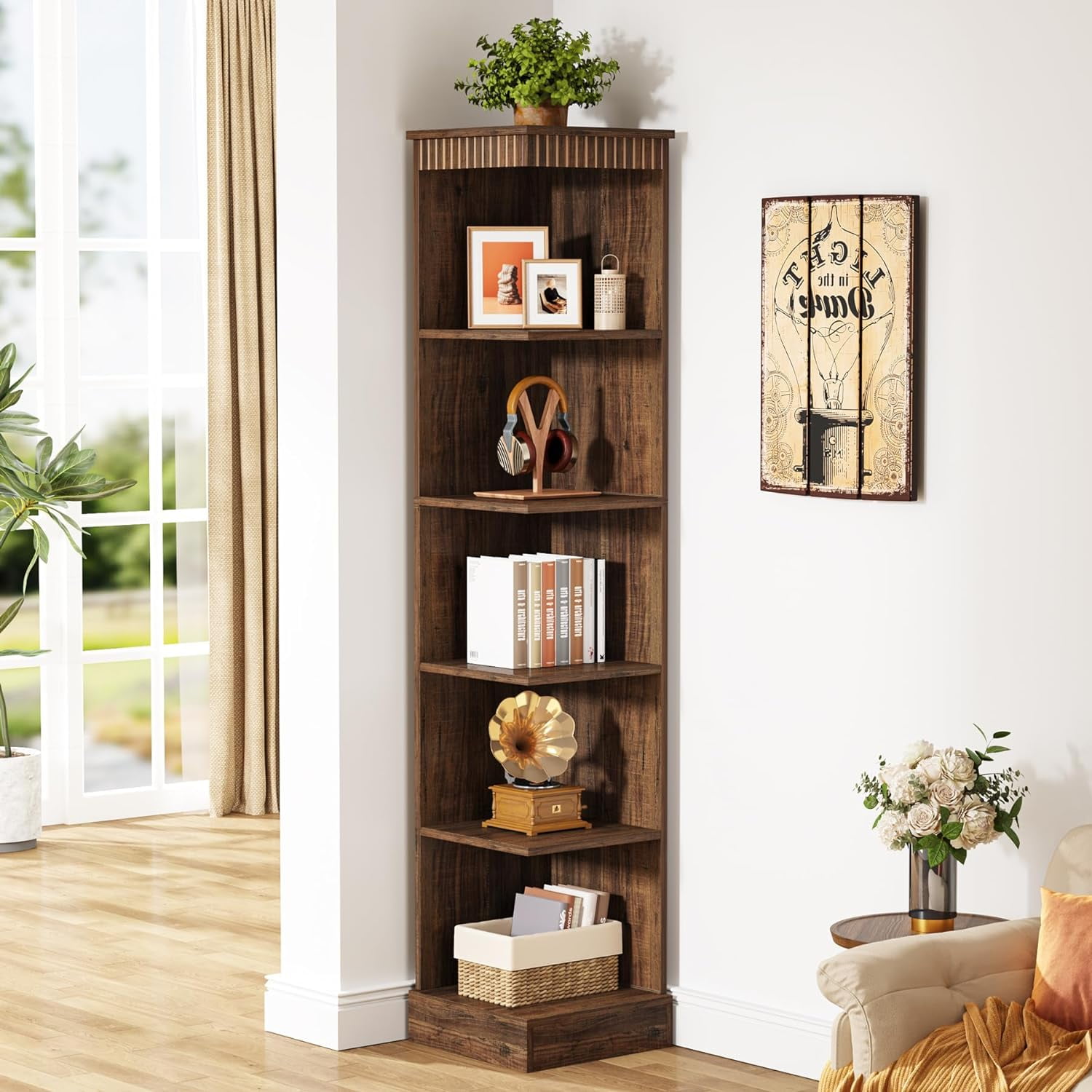 Tribesigns Narrow Corner Bookcase Set of 2 70.87 Inch Tall Corner Bookshelf with Open Shelves 5 Tier Industrial Wood Bookcases and Bookshelves for