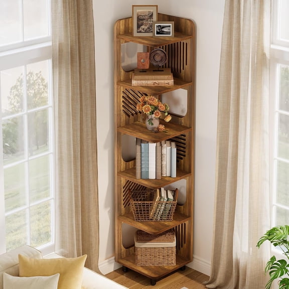 Tribesigns Narrow Corner Bookshelf, 6 Tiers Tall Skinny Corner Shelf Display Shelf with Hollow Design for Living Room, Yellow