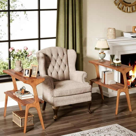 Finmind Narrow End Table Set of 2, Farmhouse Sofa Side Table with Solid Wood Legs & Storage Shelf for Living Room, Walnut