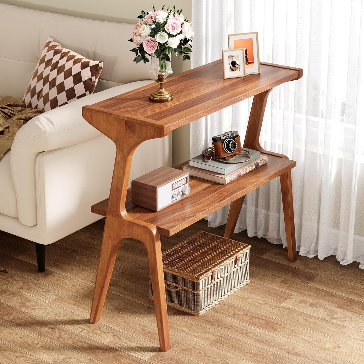 Tribesigns Narrow End Table for Living Room, 2-Tier Slim Sofa Side Table with Solid Wood Legs