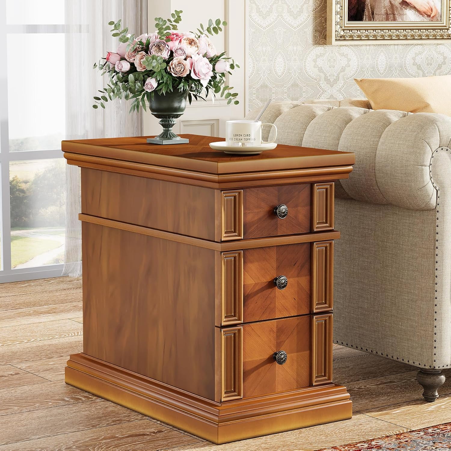 Tribesigns Narrow End Table with 3 Drawers, Vintage Sofa Side Table ...