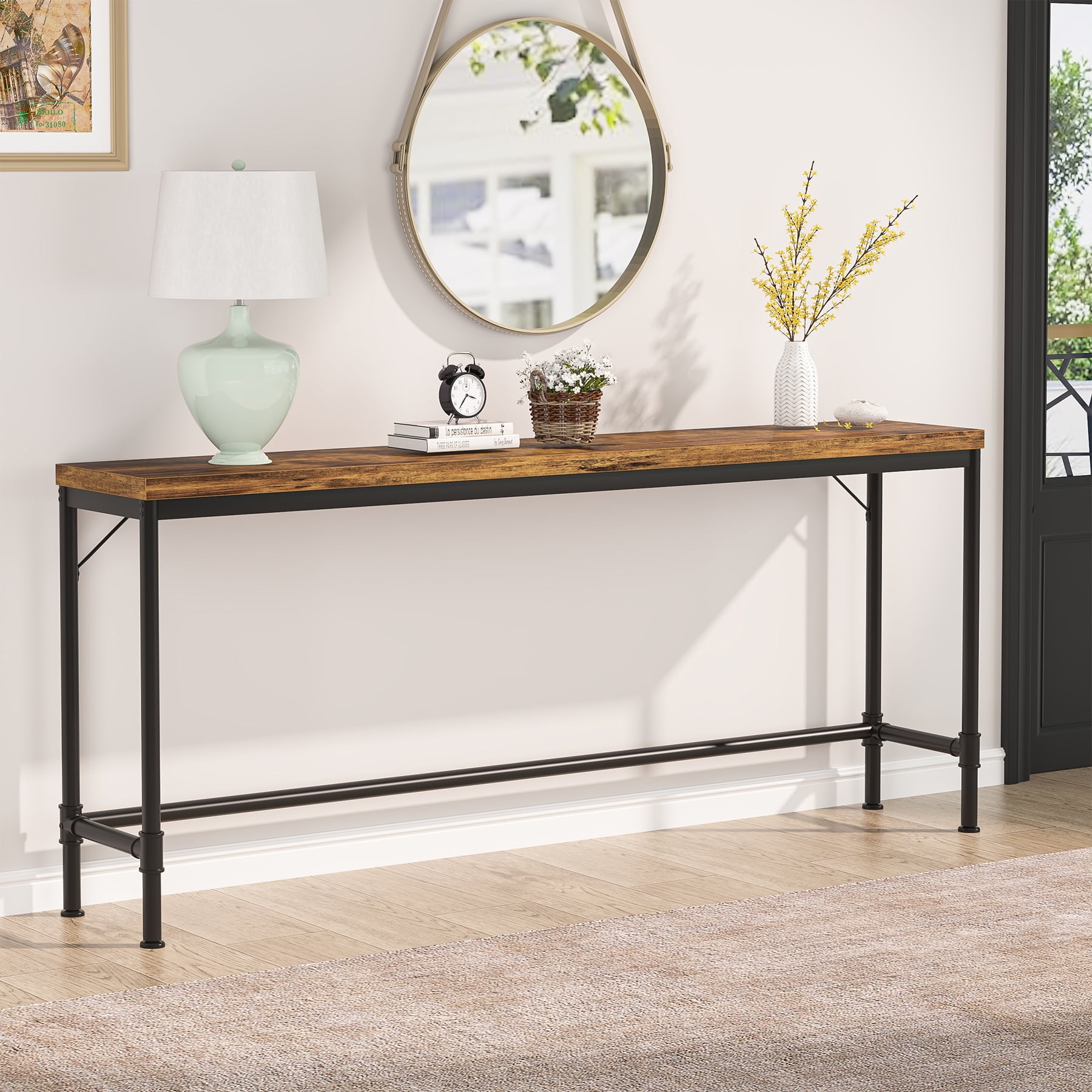 Rustic Brown and Black 71" Industrial Console Table with Storage