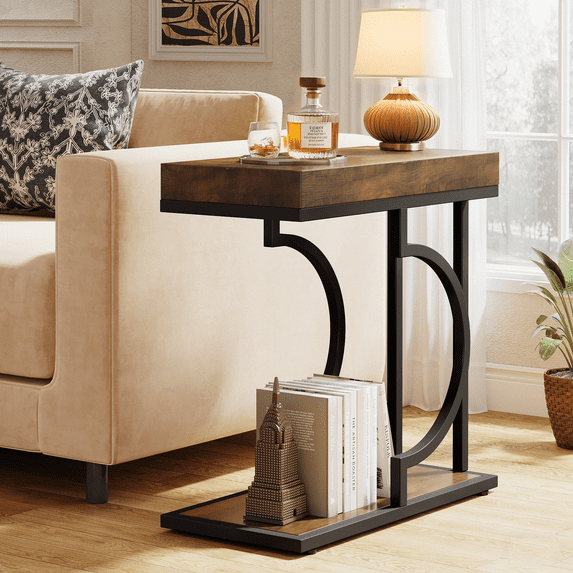 Tribesigns Narrow Side Table, C Shaped End Table Modern Bedside Table Small Side Table for Couch, Sofa Table with Metal Frame for Living Room (Brown+black)