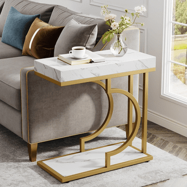Tribesigns Narrow Side Table, C Shaped End Table Modern Bedside Table Small Side Table for Couch, Sofa Table with Metal Frame for Living Room (White+Gold)