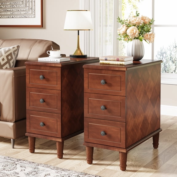Tribesigns Narrow Side Table with Drawers, Solid Wood End Table with 3 Drawers, Fully Assembled Nightstand Slim Bedside Table for Small Spaces, Living Room, Bedroom, Brown (Set of 2)