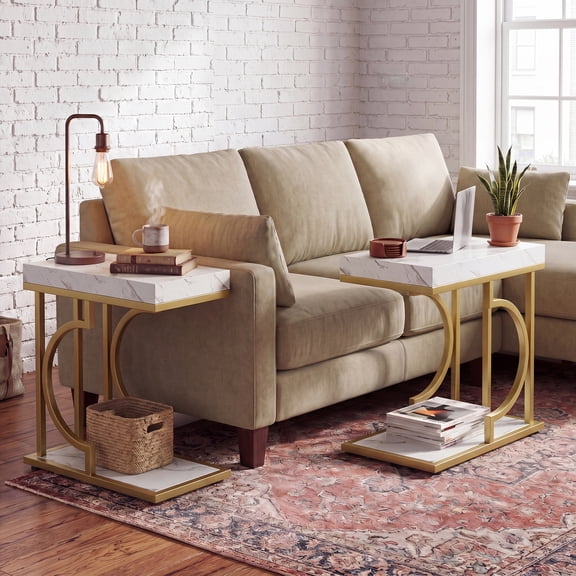 Tribesigns 2-Tier Narrow End Table, C Shaped Side Table Bedside Table with Metal Frame & Open Shelf for Living Room (2, White & Gold)