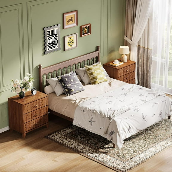 Tribesigns Nightstand with 3 Drawers Set, Farmhouse Bedside Table with Elegant Patterns, Industrial Night Stand End Table for Bedroom, Living Room, Brown