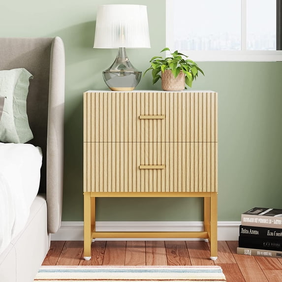 Tribesigns Nightstand with 2 Drawers, Wood Bedside Table, Striped