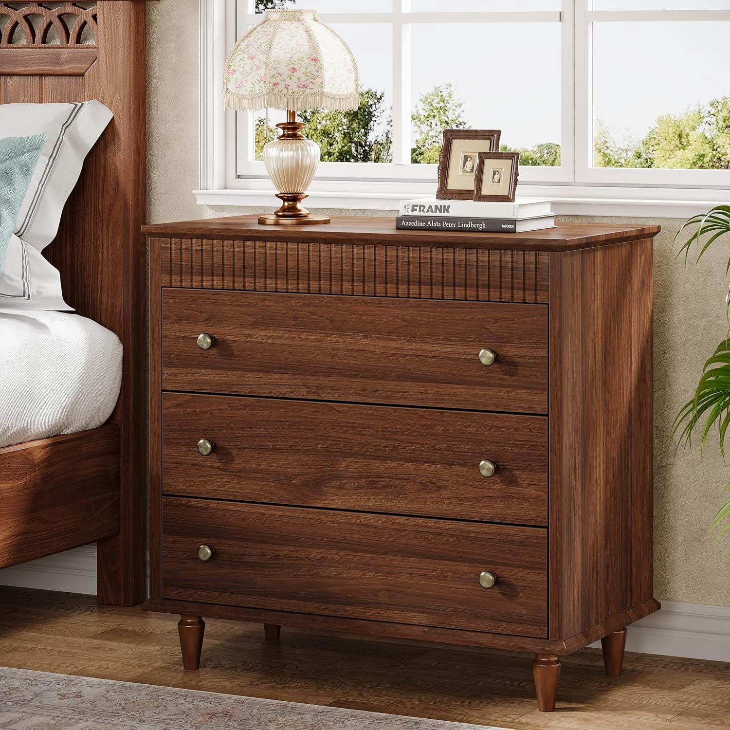 Tribesigns Nightstand with 3 Drawers, 31.5" Oversized Farmhouse Bedside Table for Bedroom and Home, Rustic Brown