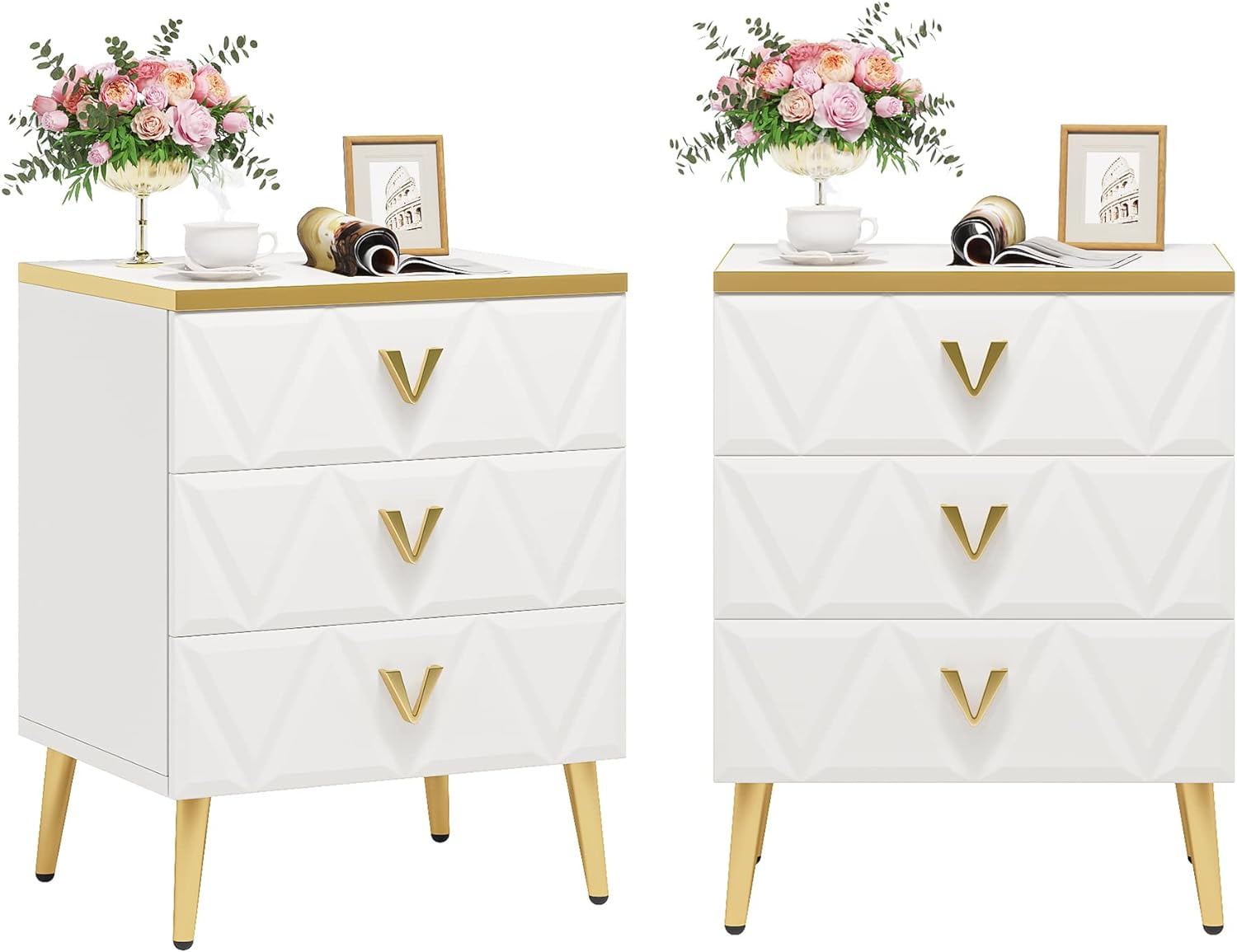 White and Gold 3-Drawer Nightstand Set with Metal Legs