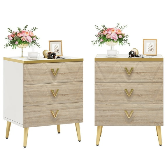 Tribesigns Nightstands with Three Drawers Set of 2, Modern Wooden Bedside Tables with with Champagne Metal Legs