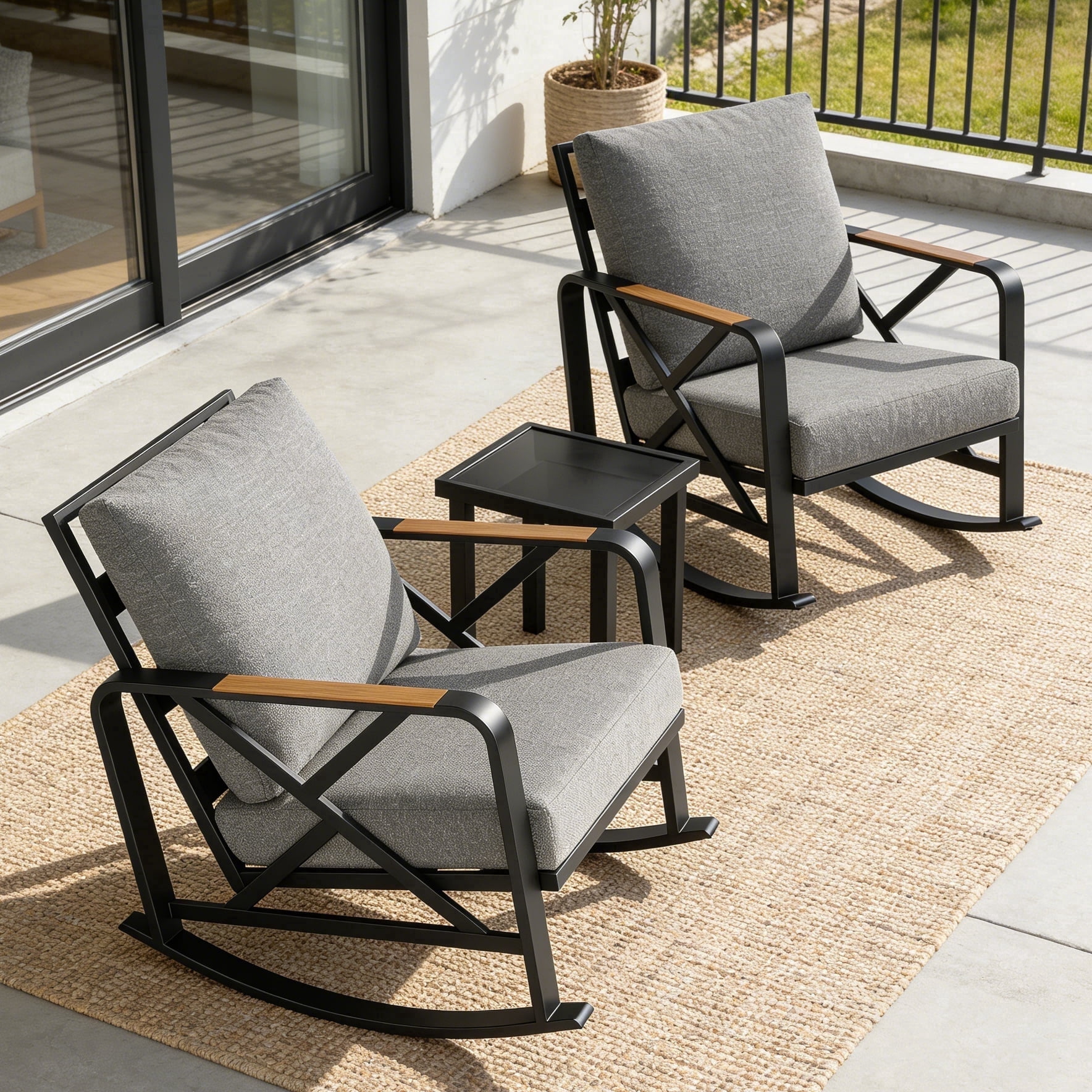 Sturdy Rocking Chair Fnova Outdoor Rocking Chair Set of 2 with Side Table, Sturdy Metal ...