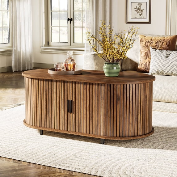 Tribesigns Oval Coffee Table, Modern Wood Center Table with Storage Shelf and Sliding Cabinet Door, Brown
